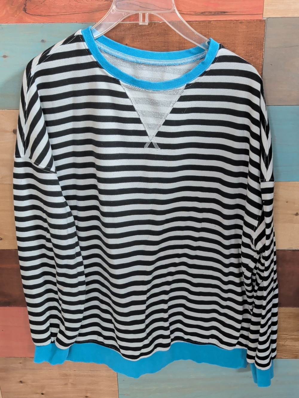Striped Black & White Sweatshirt with Bright Blue Trim